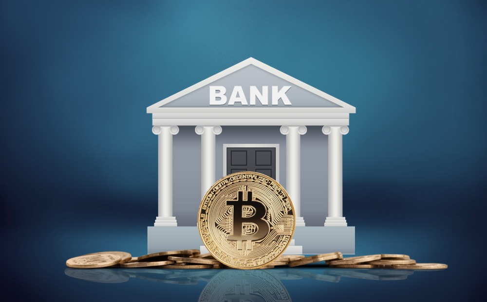 bank-crypto-adoption-2 Bitcoin banking symbol. Capital, financial institutions and banks. Government regulations