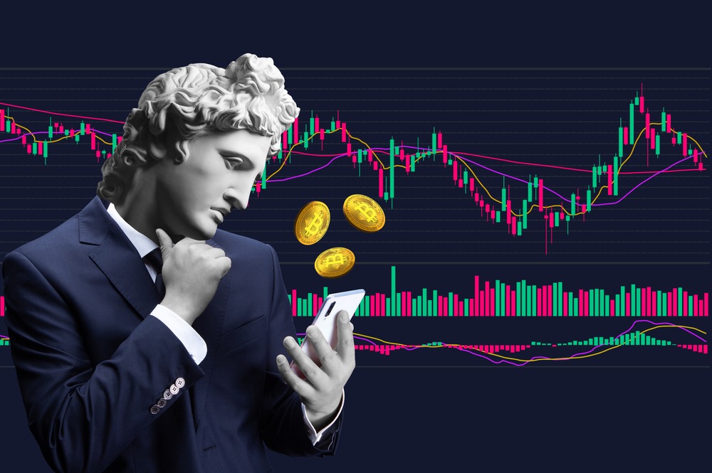 Conceptual portrait of a businessman holding a mobile smartphone and using a trade application.