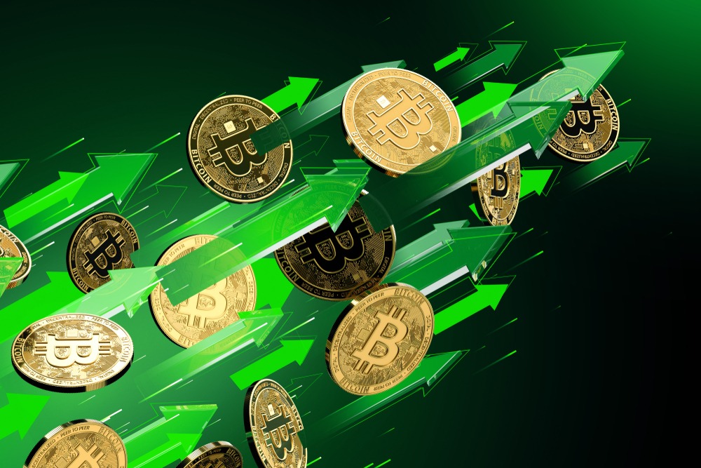 crypto-profit Green arrows points up as Bitcoin (BTC) price rises. Cryptocurrency prices grow, high risk - high profits concept.