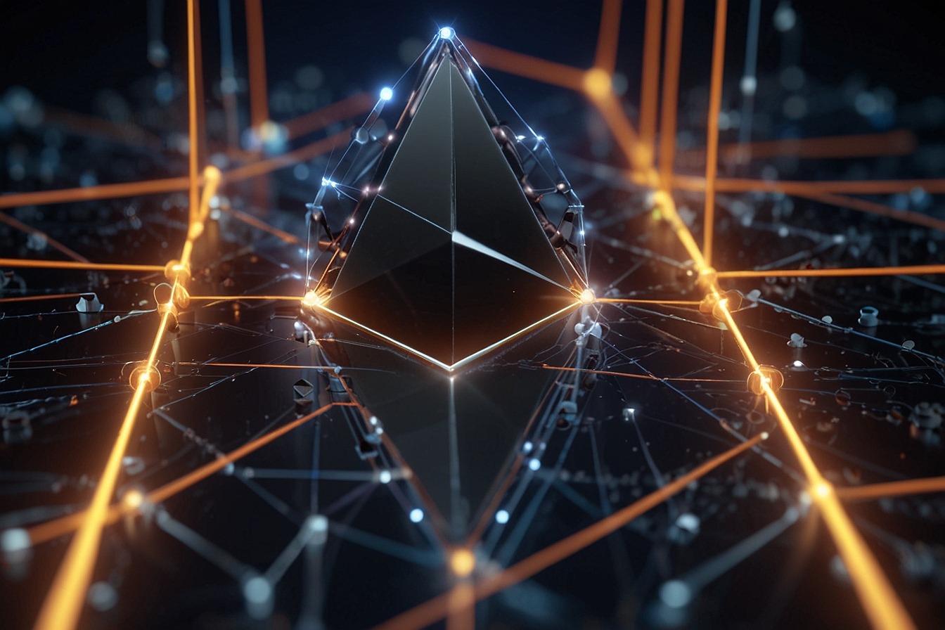 3D animation of a pulsing Ethereum logo at the center of a network of interconnected digital nodes