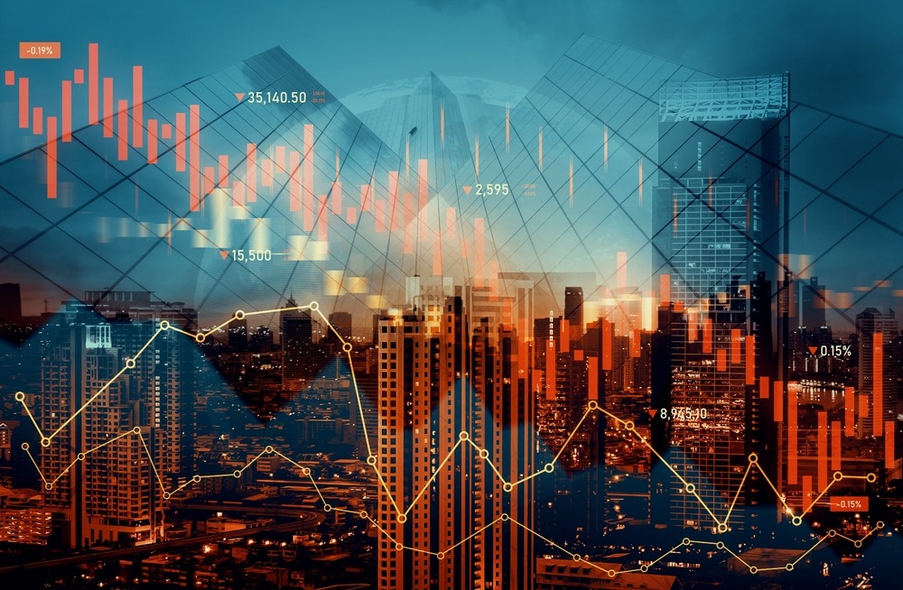 Economic crisis concept shown by declining graphs and digital indicators overlap modernistic city background.