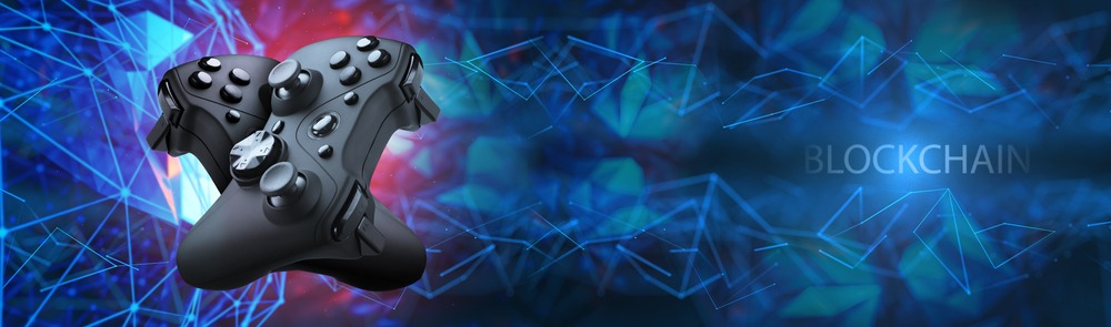 gaming-blockchain-1 Futuristic games. Video games concept. Concept of using blockchain technology in computer video games.