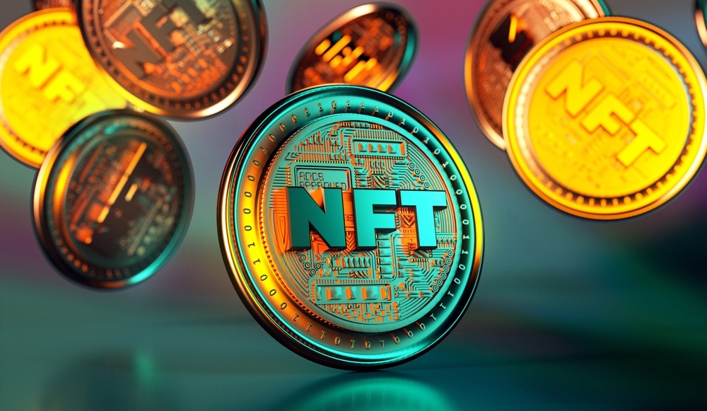 NFT non fungible token golden coins falling. Trendy cryptocurrencies and coins on the blockchain technology.