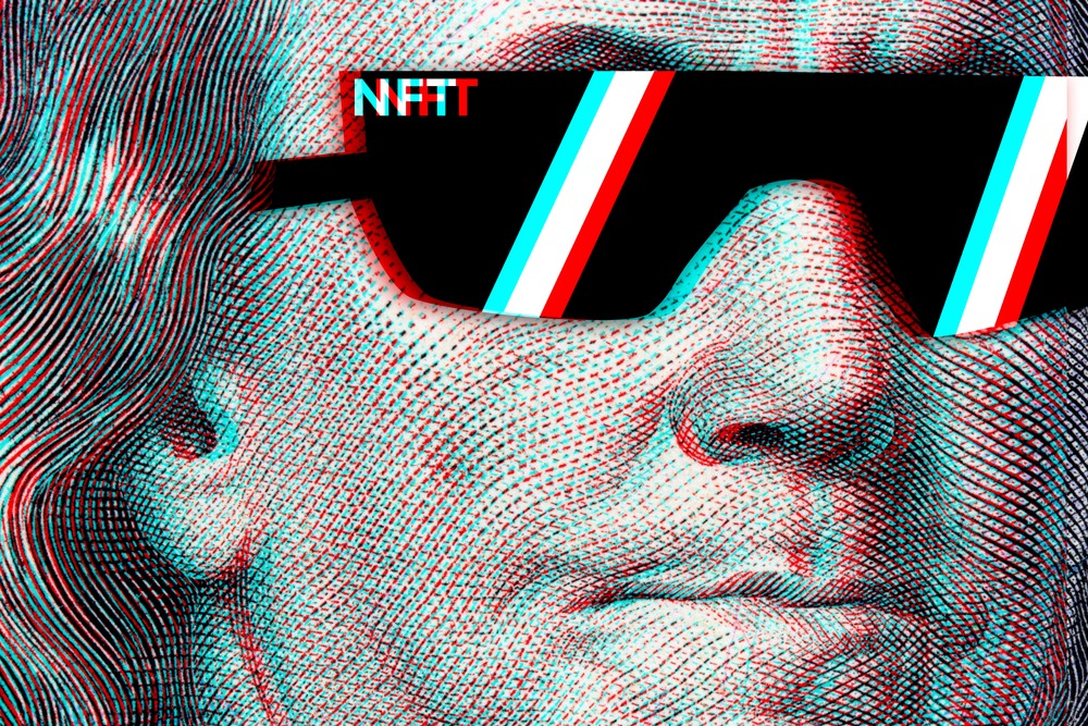 Concept cryptographic nft on a hundred-dollar bill franklin in glasses.
