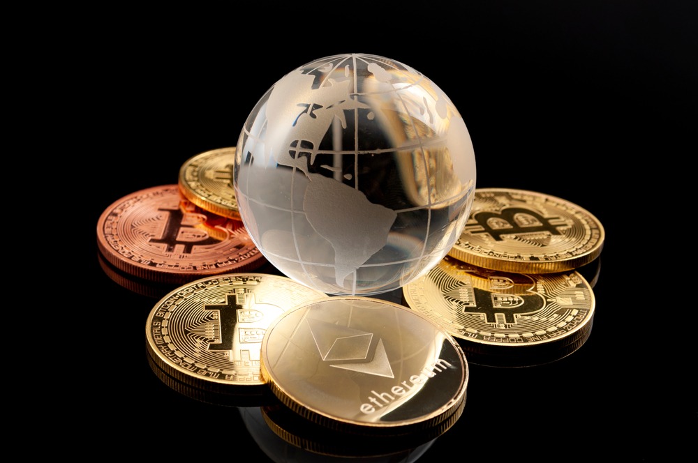 Global cryptocurrency, value cryptos trading and worldwide financial transaction concept