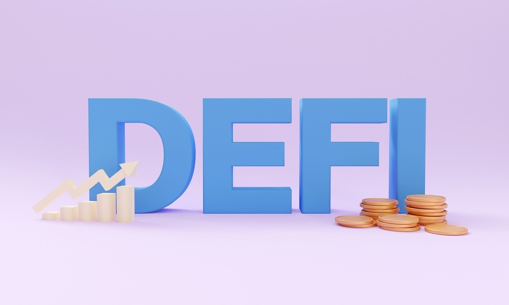 Decentralized Finance, Blockchain Cryptocurrency Concept, Online Financial System, A middleman-free banking platform, 3D font character of high detail.