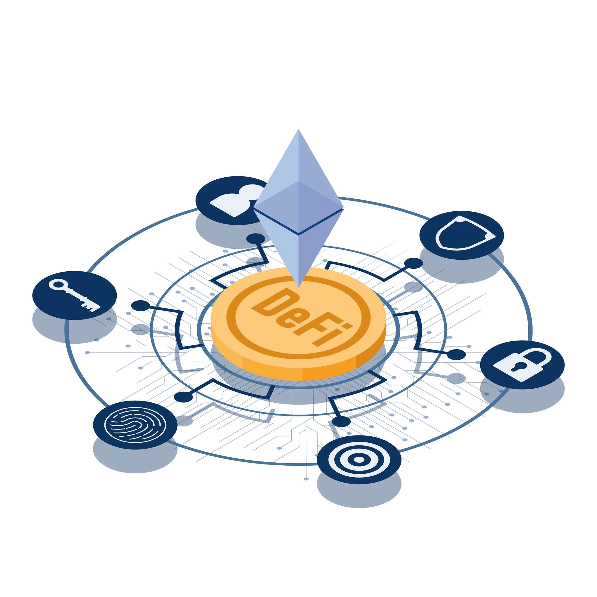 shutterstock_2081655637-1 Flat 3d Isometric Ethereum on Golden Coin Decentralized to Security Icon Outside.