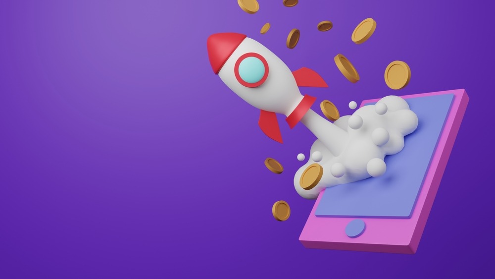 3D Illustration Rendering Rocket to the Moon Cryptocurrency Startup NFT Game