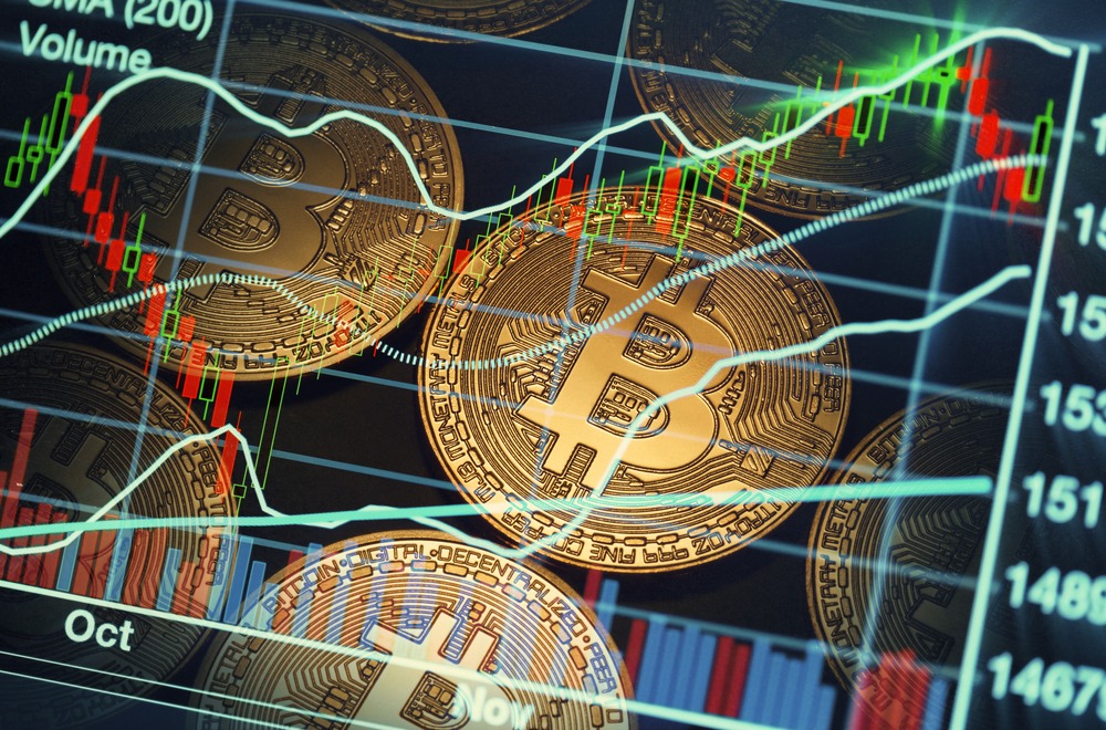 Bitcoin trading market data chart. virtual cryptocurrency concept. Fear of Missing Out (Fomo) in Bitcoin during Rally period.
