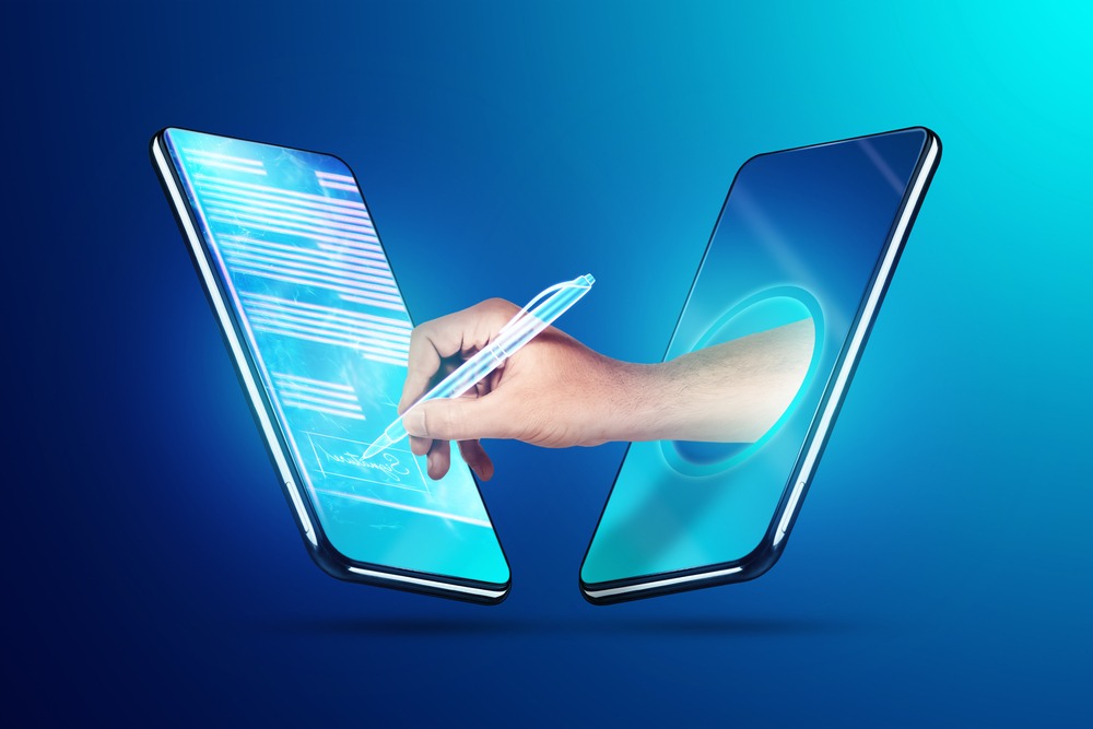 Concept for electronic signature, business, remote collaboration, copy space.