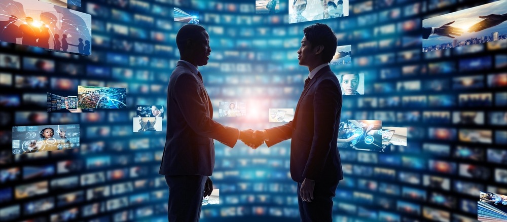 Group of people shaking hands in cyberspace
